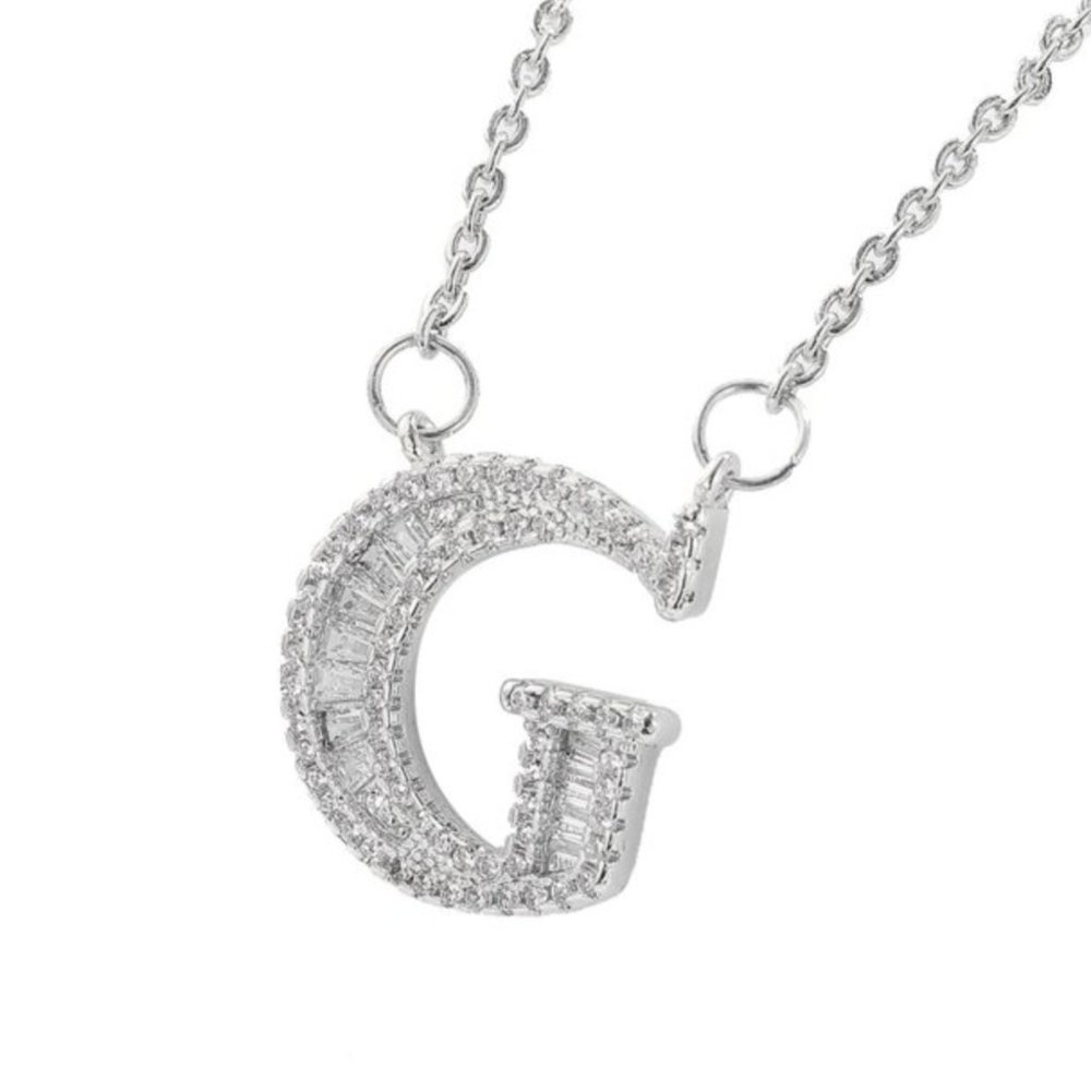Silver CZ Initial Name Letter "G" Elegant Necklace